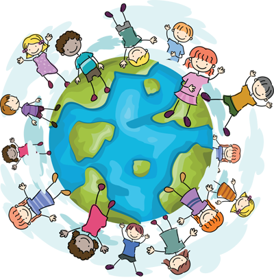 Image of children standing in a circle around a graphic of the earth
